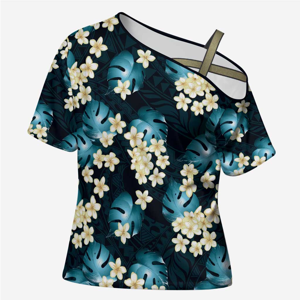 Dark Cyan Tropical Hawaii Cross Shoulder Shirt Seamless Monstera Plumeria Hawaiian Pattern LT14 Female Dark Cyan - Polynesian Pride