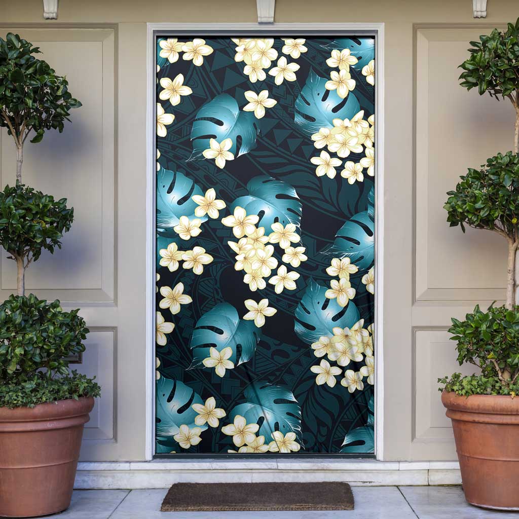 Dark Cyan Tropical Hawaii Door Cover Seamless Monstera Plumeria Hawaiian Pattern - Polynesian Pride
