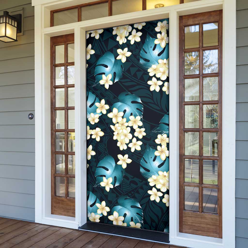 Dark Cyan Tropical Hawaii Door Cover Seamless Monstera Plumeria Hawaiian Pattern - Polynesian Pride