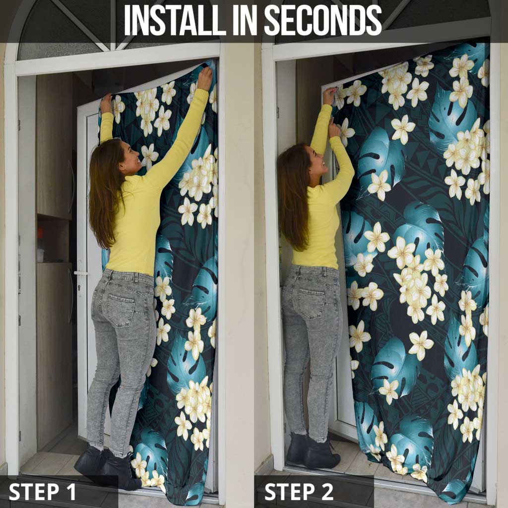 Dark Cyan Tropical Hawaii Door Cover Seamless Monstera Plumeria Hawaiian Pattern - Polynesian Pride