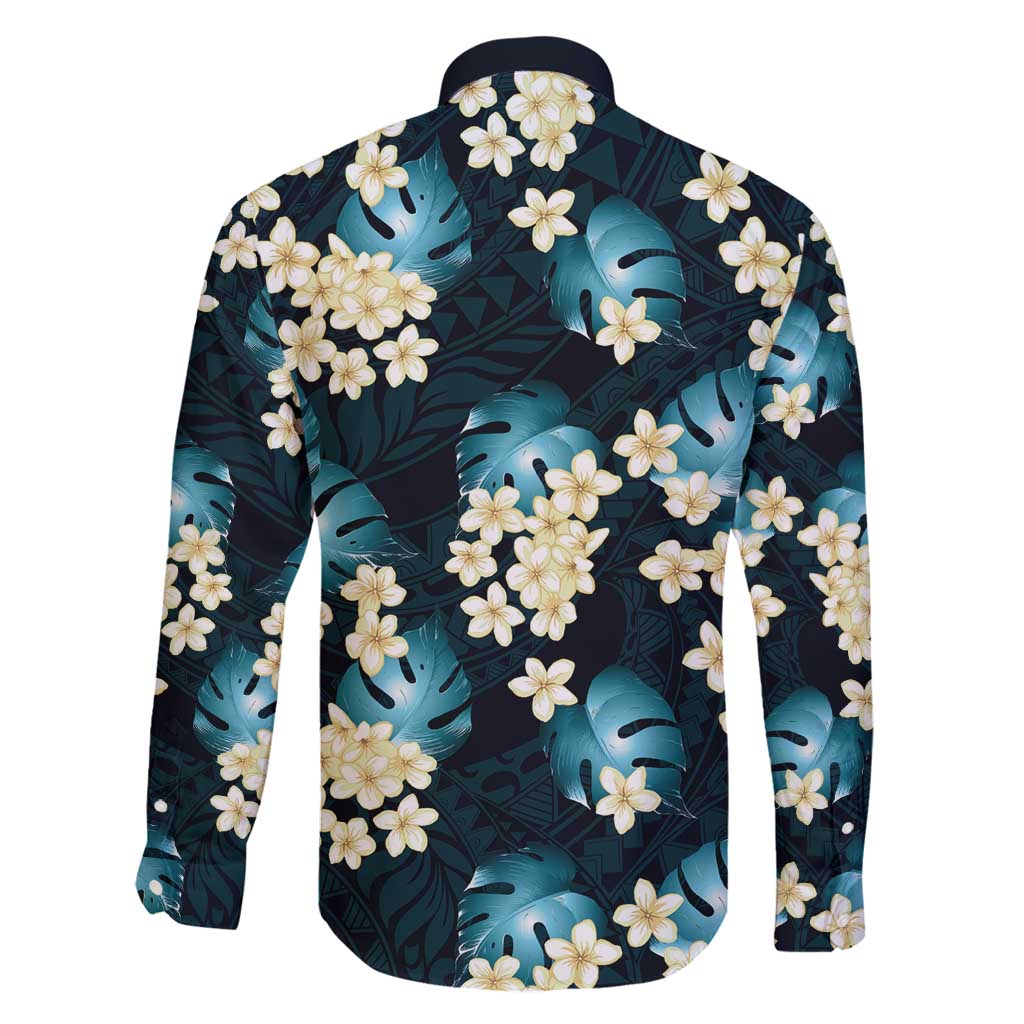 Dark Cyan Tropical Hawaii Family Matching Long Sleeve Bodycon Dress and Hawaiian Shirt Seamless Monstera Plumeria Hawaiian Pattern - Polynesian Pride