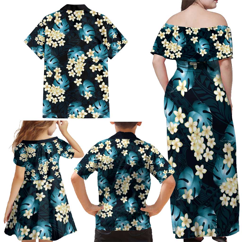 Dark Cyan Tropical Hawaii Family Matching Off Shoulder Maxi Dress and Hawaiian Shirt Seamless Monstera Plumeria Hawaiian Pattern - Polynesian Pride