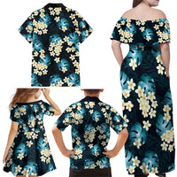 Dark Cyan Tropical Hawaii Family Matching Off Shoulder Maxi Dress and Hawaiian Shirt Seamless Monstera Plumeria Hawaiian Pattern - Polynesian Pride