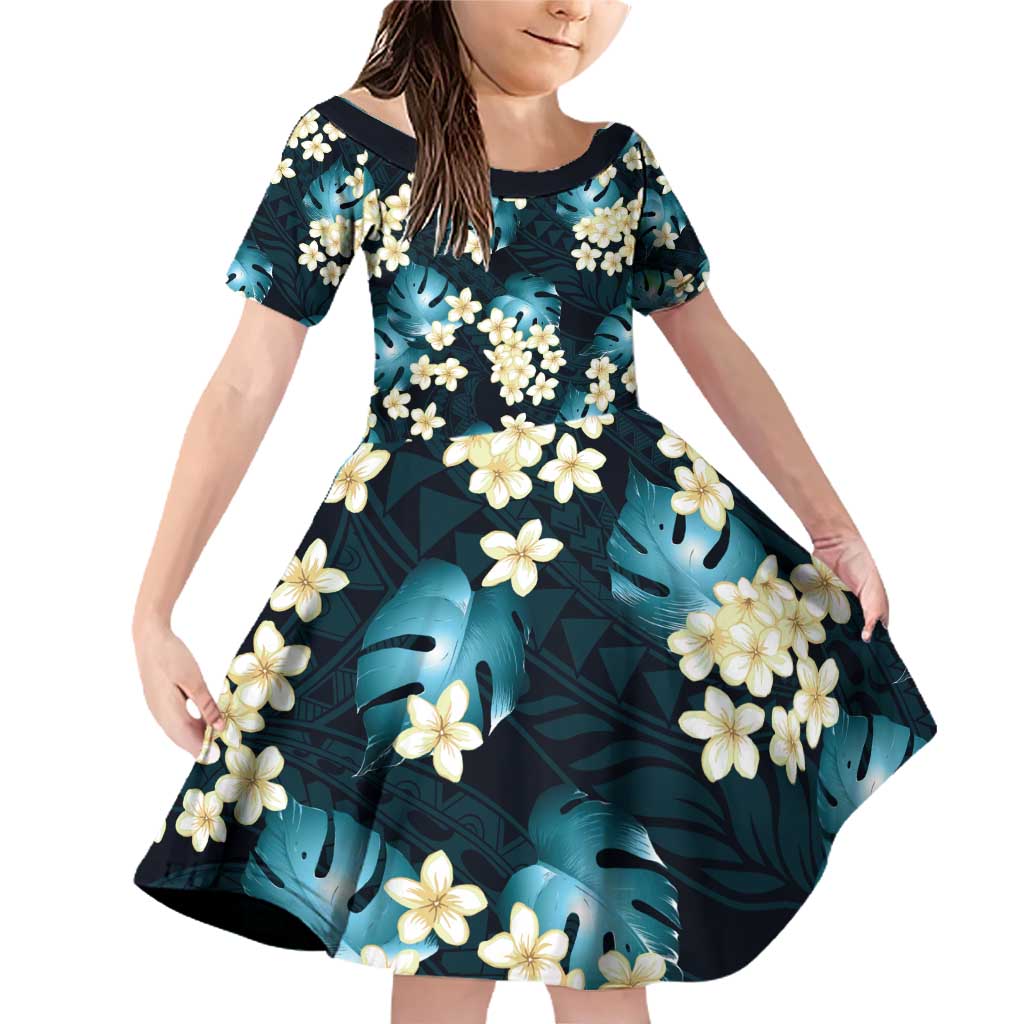 Dark Cyan Tropical Hawaii Family Matching Off Shoulder Short Dress and Hawaiian Shirt Seamless Monstera Plumeria Hawaiian Pattern - Polynesian Pride