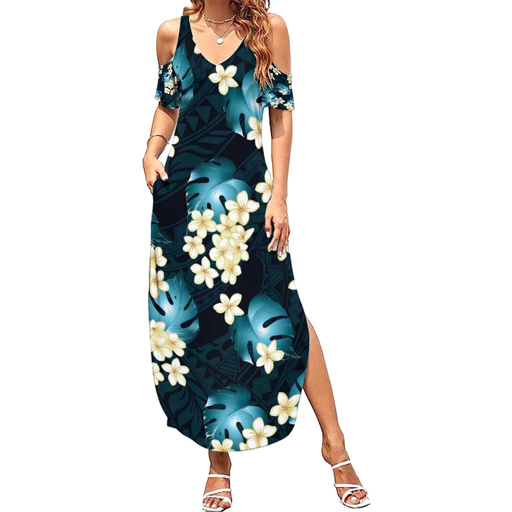 Dark Cyan Tropical Hawaii Family Matching Summer Maxi Dress and Hawaiian Shirt Seamless Monstera Plumeria Hawaiian Pattern - Polynesian Pride