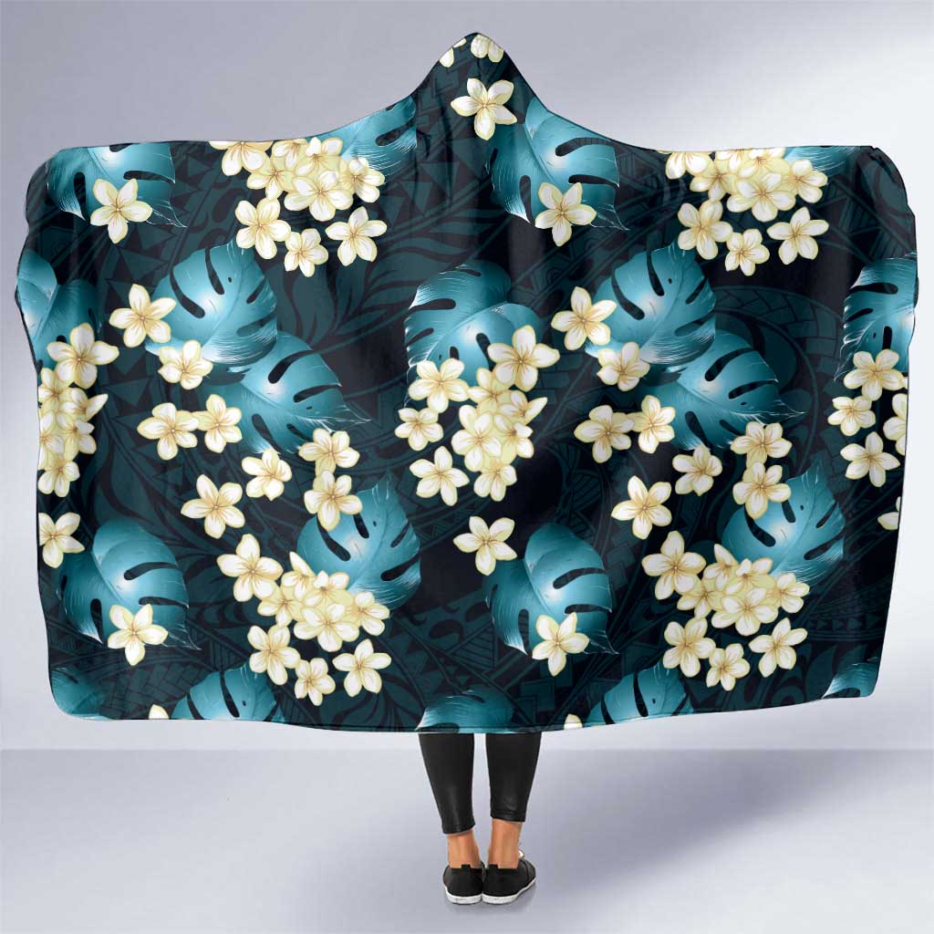 Dark Cyan Tropical Hawaii Hooded Blanket Seamless Monstera Plumeria Hawaiian Pattern LT14 One Size Dark Cyan - Polynesian Pride