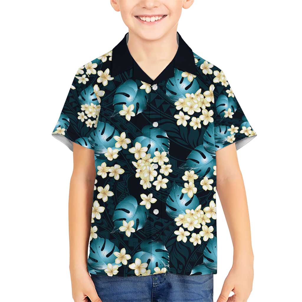 Dark Cyan Tropical Hawaii Kid Hawaiian Shirt Seamless Monstera Plumeria Hawaiian Pattern - Polynesian Pride