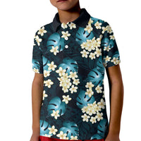 Dark Cyan Tropical Hawaii Kid Polo Shirt Seamless Monstera Plumeria Hawaiian Pattern - Polynesian Pride