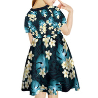 Dark Cyan Tropical Hawaii Kid Short Sleeve Dress Seamless Monstera Plumeria Hawaiian Pattern - Polynesian Pride