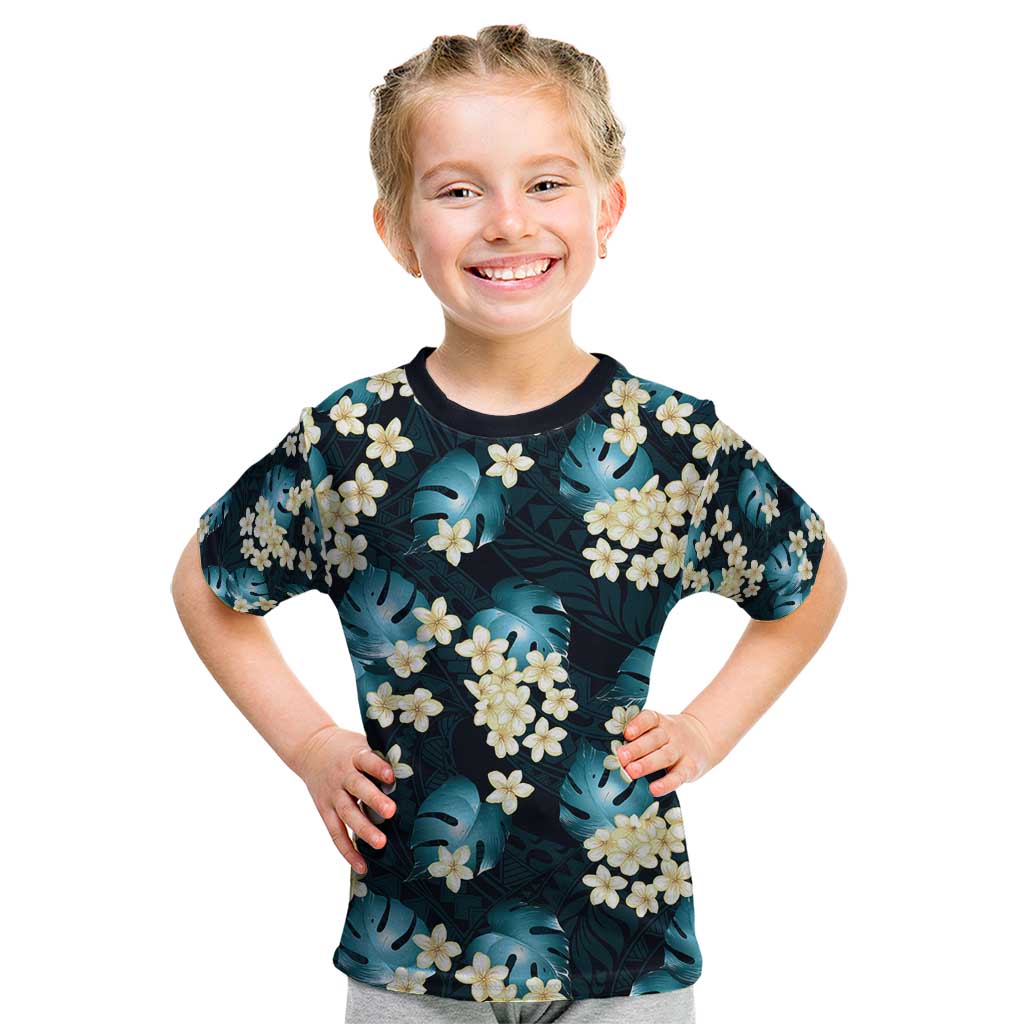 Dark Cyan Tropical Hawaii Kid T Shirt Seamless Monstera Plumeria Hawaiian Pattern - Polynesian Pride