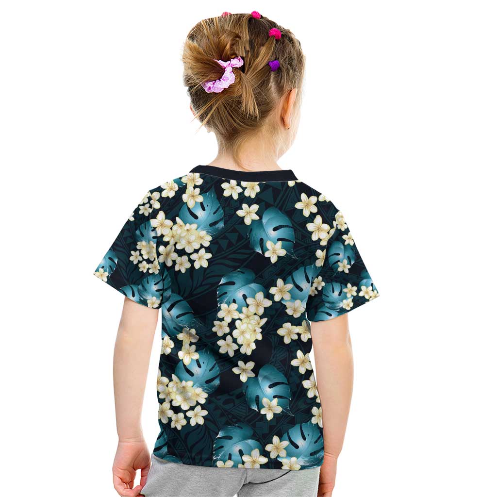 Dark Cyan Tropical Hawaii Kid T Shirt Seamless Monstera Plumeria Hawaiian Pattern - Polynesian Pride