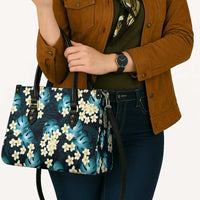 Dark Cyan Tropical Hawaii Leather Bag Seamless Monstera Plumeria Hawaiian Pattern - Polynesian Pride