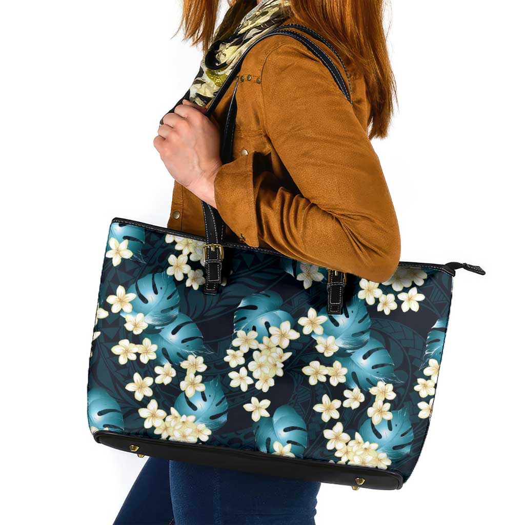 Dark Cyan Tropical Hawaii Leather Tote Bag Seamless Monstera Plumeria Hawaiian Pattern LT14 Dark Cyan - Polynesian Pride