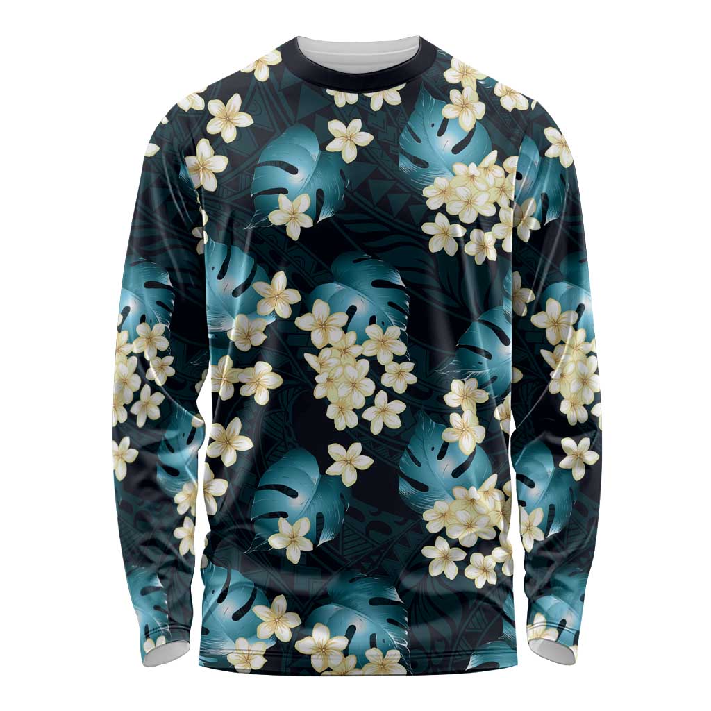 Dark Cyan Tropical Hawaii Long Sleeve Shirt Seamless Monstera Plumeria Hawaiian Pattern LT14 Unisex Dark Cyan - Polynesian Pride