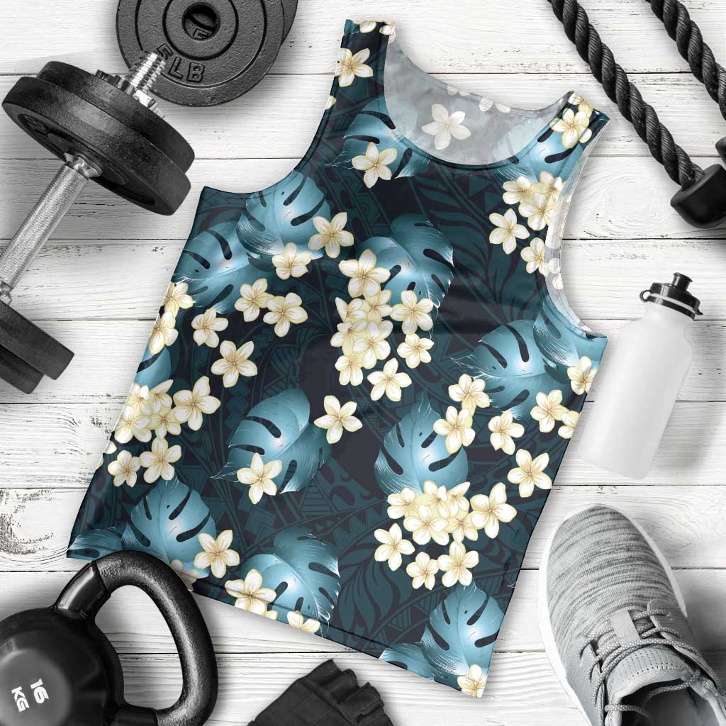 Dark Cyan Tropical Hawaii Men Tank Top Seamless Monstera Plumeria Hawaiian Pattern - Polynesian Pride