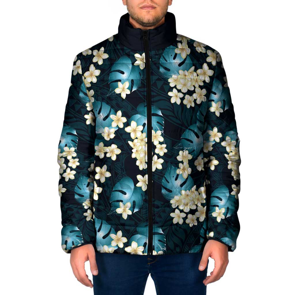 Dark Cyan Tropical Hawaii Padded Jacket Seamless Monstera Plumeria Hawaiian Pattern LT14 Men Dark Cyan - Polynesian Pride