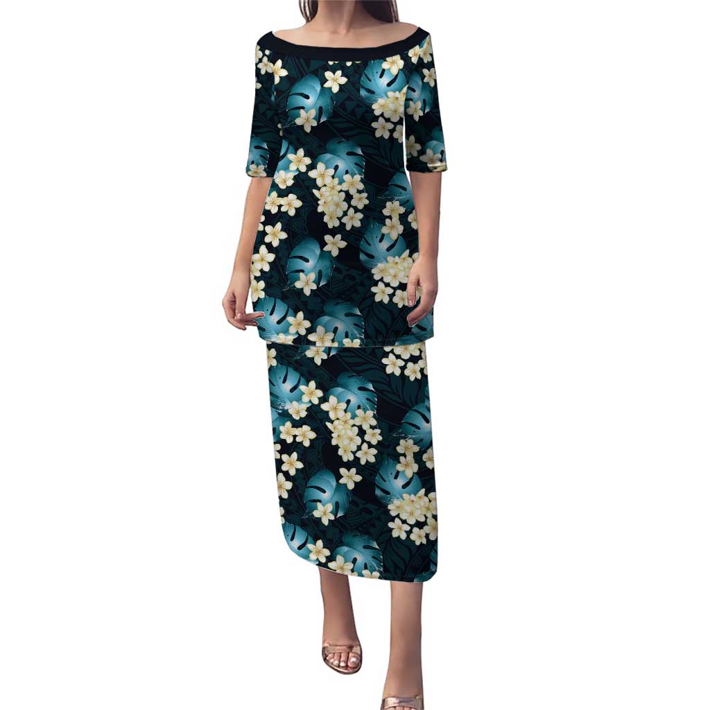 Dark Cyan Tropical Hawaii Puletasi Seamless Monstera Plumeria Hawaiian Pattern LT14 Long Dress Dark Cyan - Polynesian Pride