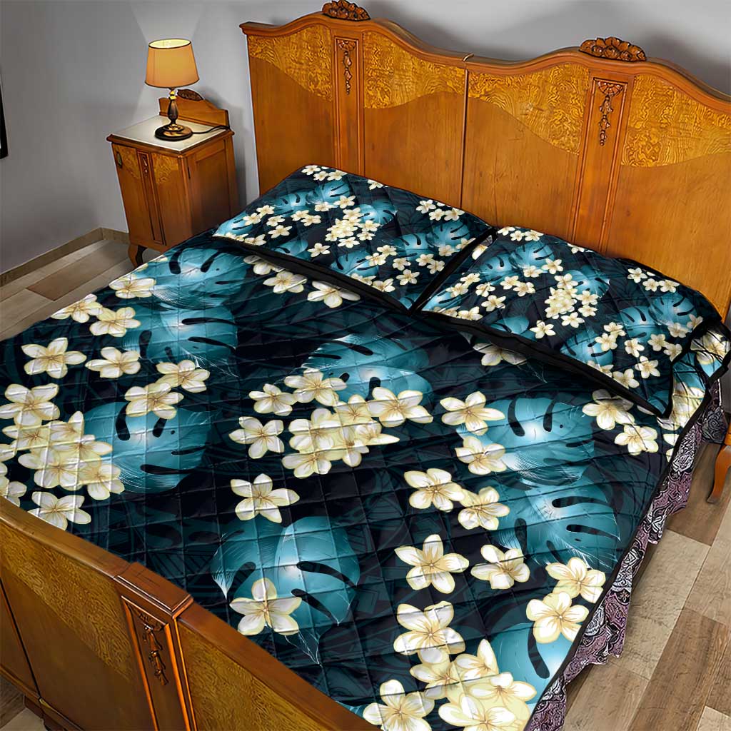 Dark Cyan Tropical Hawaii Quilt Bed Set Seamless Monstera Plumeria Hawaiian Pattern - Polynesian Pride