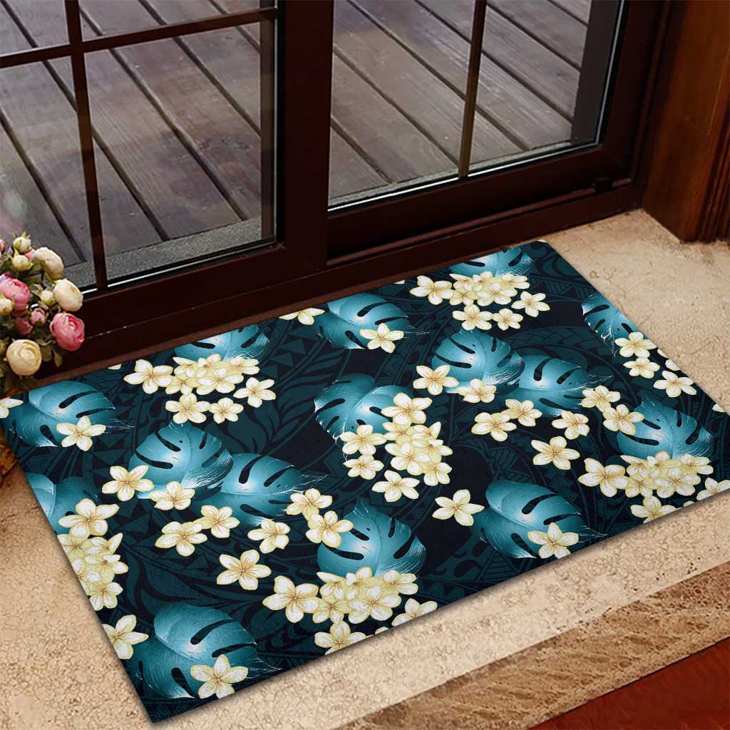Dark Cyan Tropical Hawaii Rubber Doormat Seamless Monstera Plumeria Hawaiian Pattern LT14 - Polynesian Pride