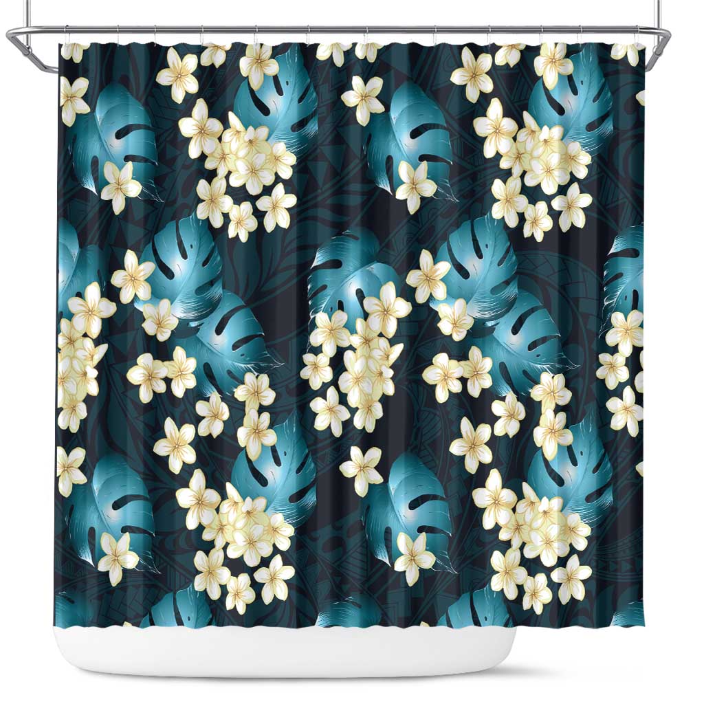 Dark Cyan Tropical Hawaii Shower Curtain Seamless Monstera Plumeria Hawaiian Pattern - Polynesian Pride