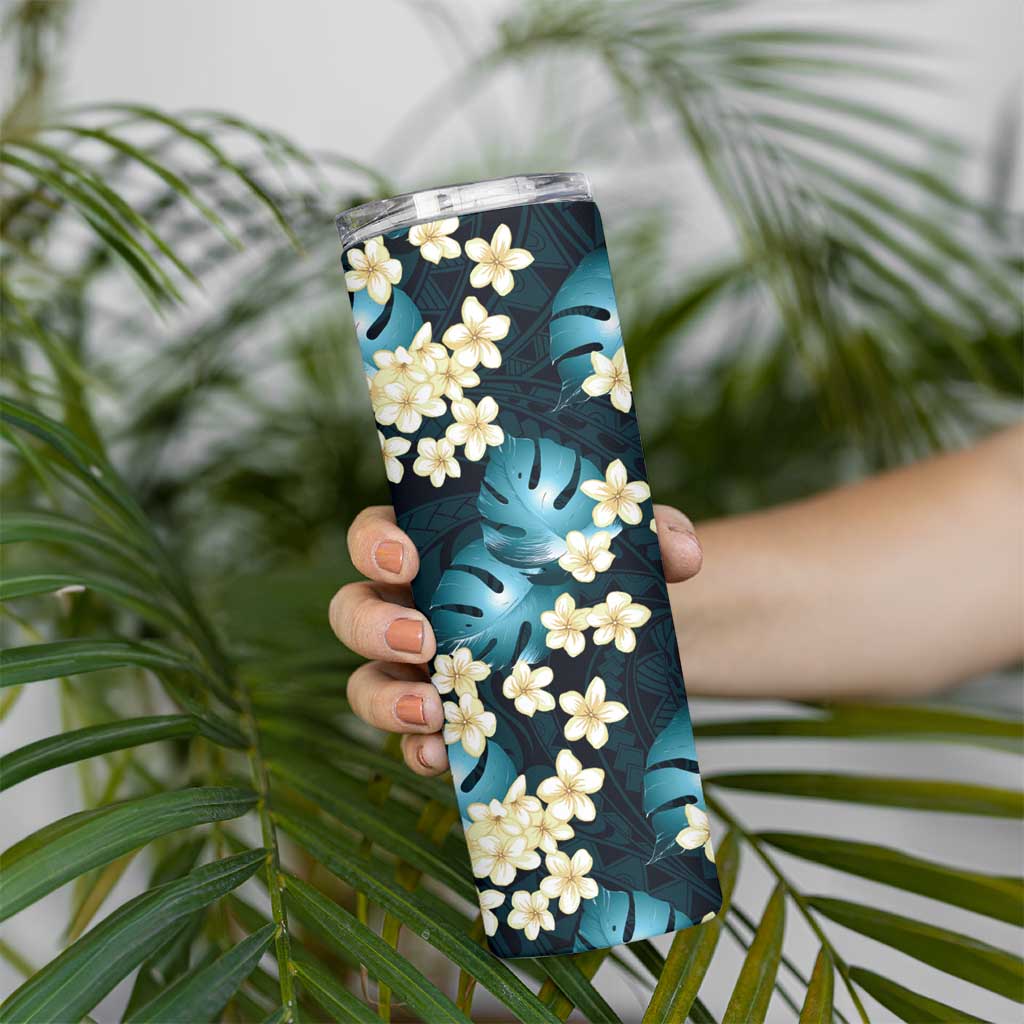 Dark Cyan Tropical Hawaii Skinny Tumbler Seamless Monstera Plumeria Hawaiian Pattern - Polynesian Pride