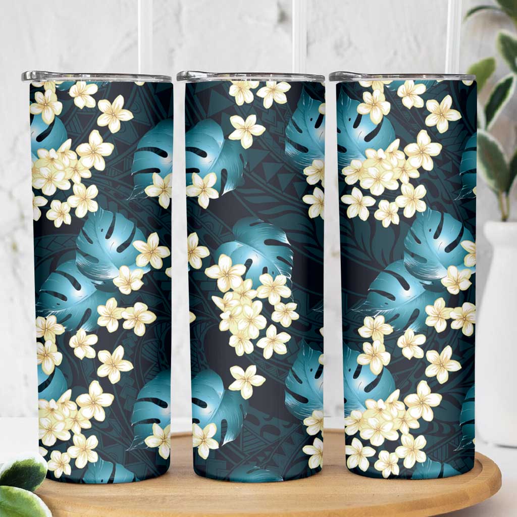 Dark Cyan Tropical Hawaii Skinny Tumbler Seamless Monstera Plumeria Hawaiian Pattern - Polynesian Pride
