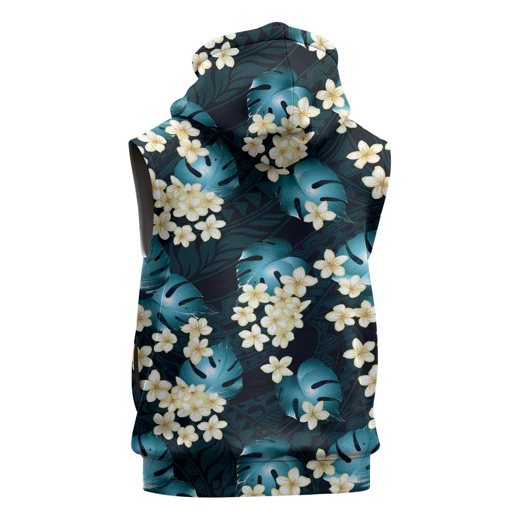 Dark Cyan Tropical Hawaii Sleeveless Hoodie Seamless Monstera Plumeria Hawaiian Pattern - Polynesian Pride
