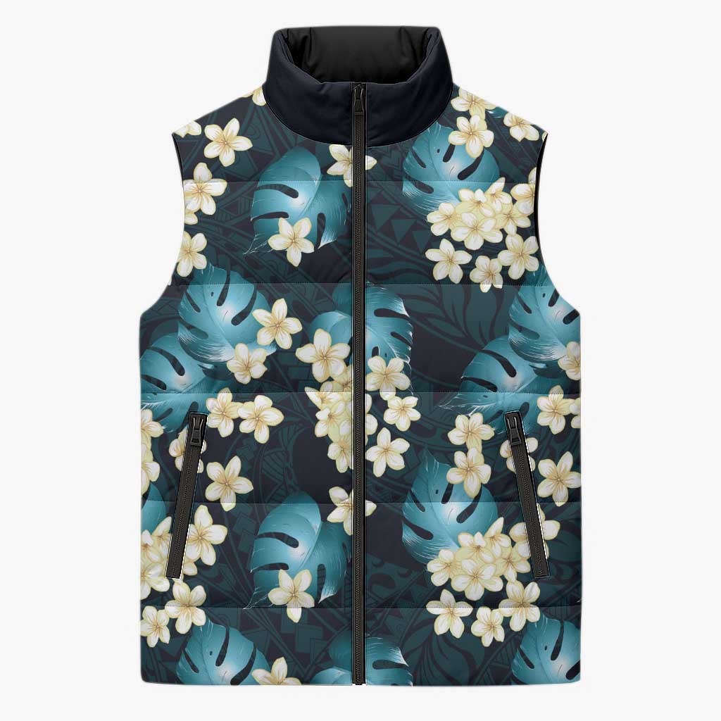 Dark Cyan Tropical Hawaii Sleeveless Puffer Jacket Seamless Monstera Plumeria Hawaiian Pattern LT14 Unisex Dark Cyan - Polynesian Pride