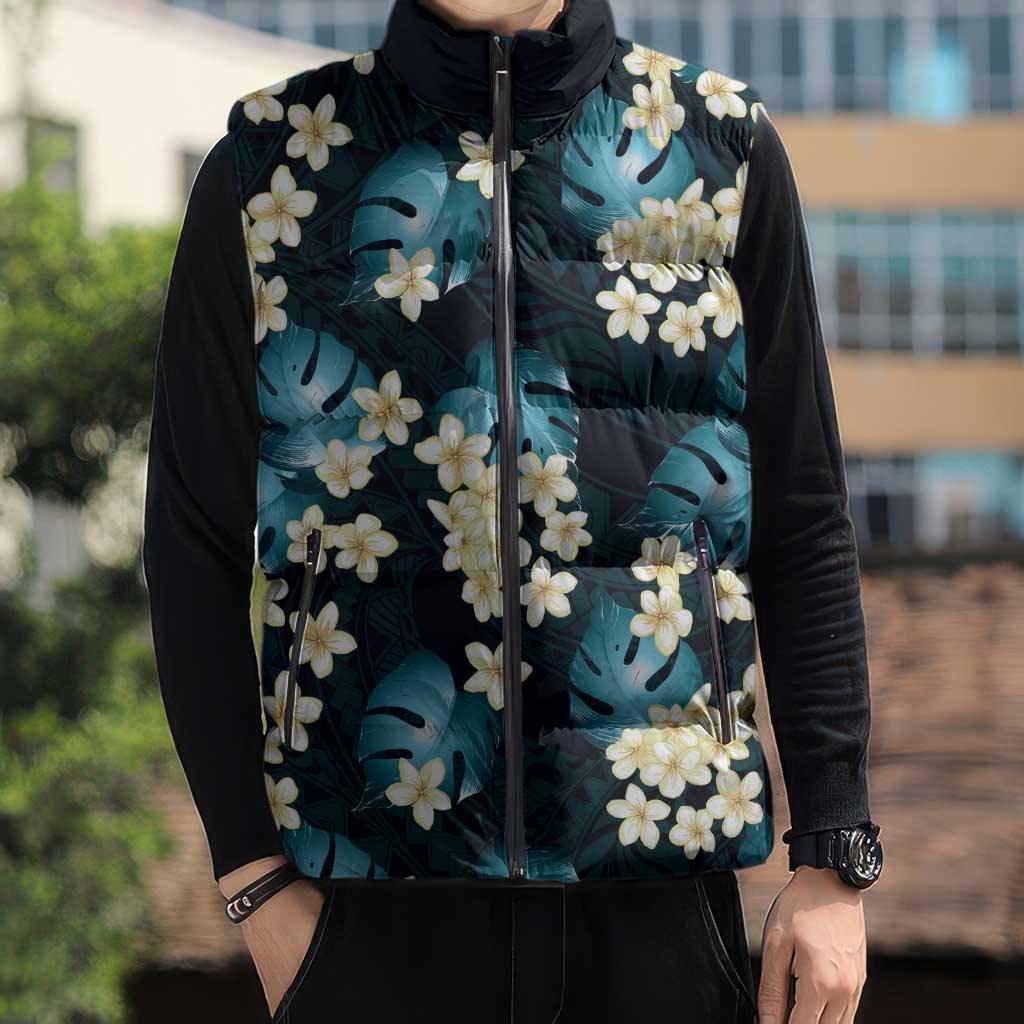 Dark Cyan Tropical Hawaii Sleeveless Puffer Jacket Seamless Monstera Plumeria Hawaiian Pattern LT14 - Polynesian Pride