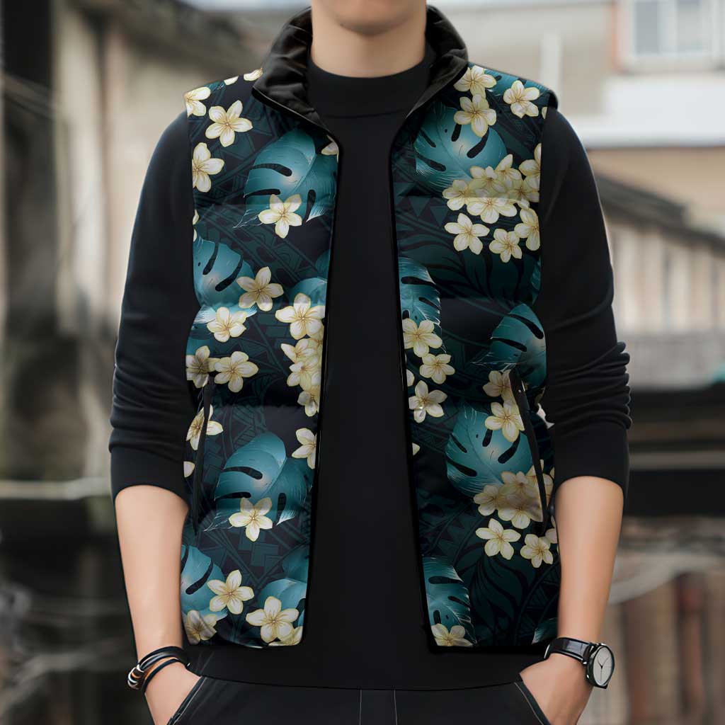 Dark Cyan Tropical Hawaii Sleeveless Puffer Jacket Seamless Monstera Plumeria Hawaiian Pattern LT14 - Polynesian Pride