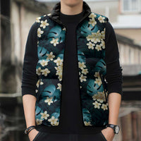 Dark Cyan Tropical Hawaii Sleeveless Puffer Jacket Seamless Monstera Plumeria Hawaiian Pattern LT14 - Polynesian Pride