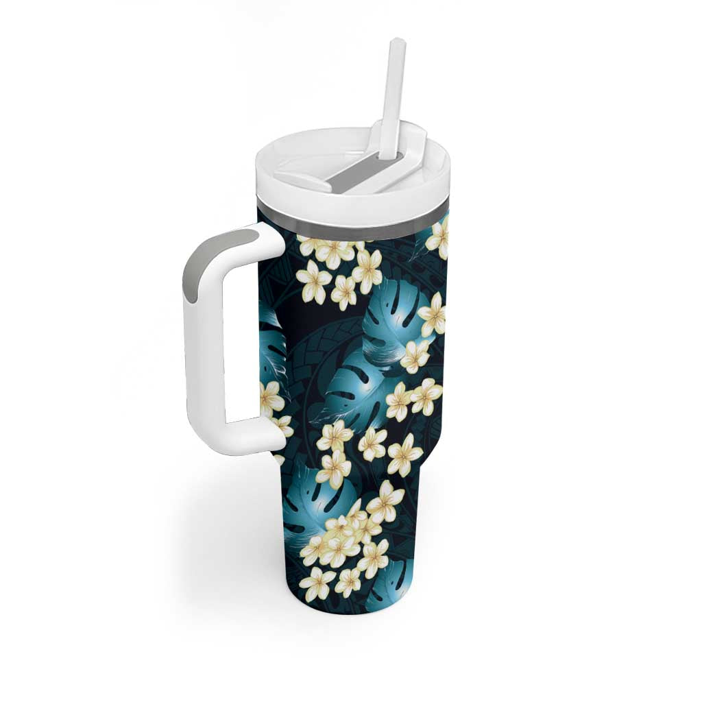 Dark Cyan Tropical Hawaii Tumbler With Handle Seamless Monstera Plumeria Hawaiian Pattern - Polynesian Pride