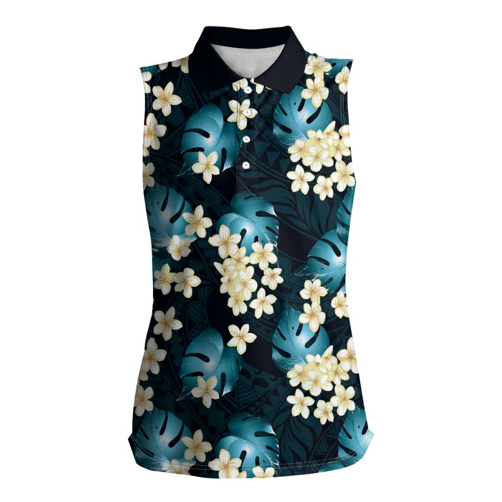 Dark Cyan Tropical Hawaii Women Sleeveless Polo Shirt Seamless Monstera Plumeria Hawaiian Pattern LT14 Female Dark Cyan - Polynesian Pride