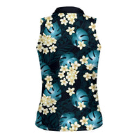 Dark Cyan Tropical Hawaii Women Sleeveless Polo Shirt Seamless Monstera Plumeria Hawaiian Pattern LT14 - Polynesian Pride