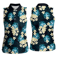 Dark Cyan Tropical Hawaii Women Sleeveless Polo Shirt Seamless Monstera Plumeria Hawaiian Pattern LT14 - Polynesian Pride