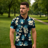 Dark Cyan Tropical Hawaii Zipper Polo Shirt Seamless Monstera Plumeria Hawaiian Pattern - Polynesian Pride