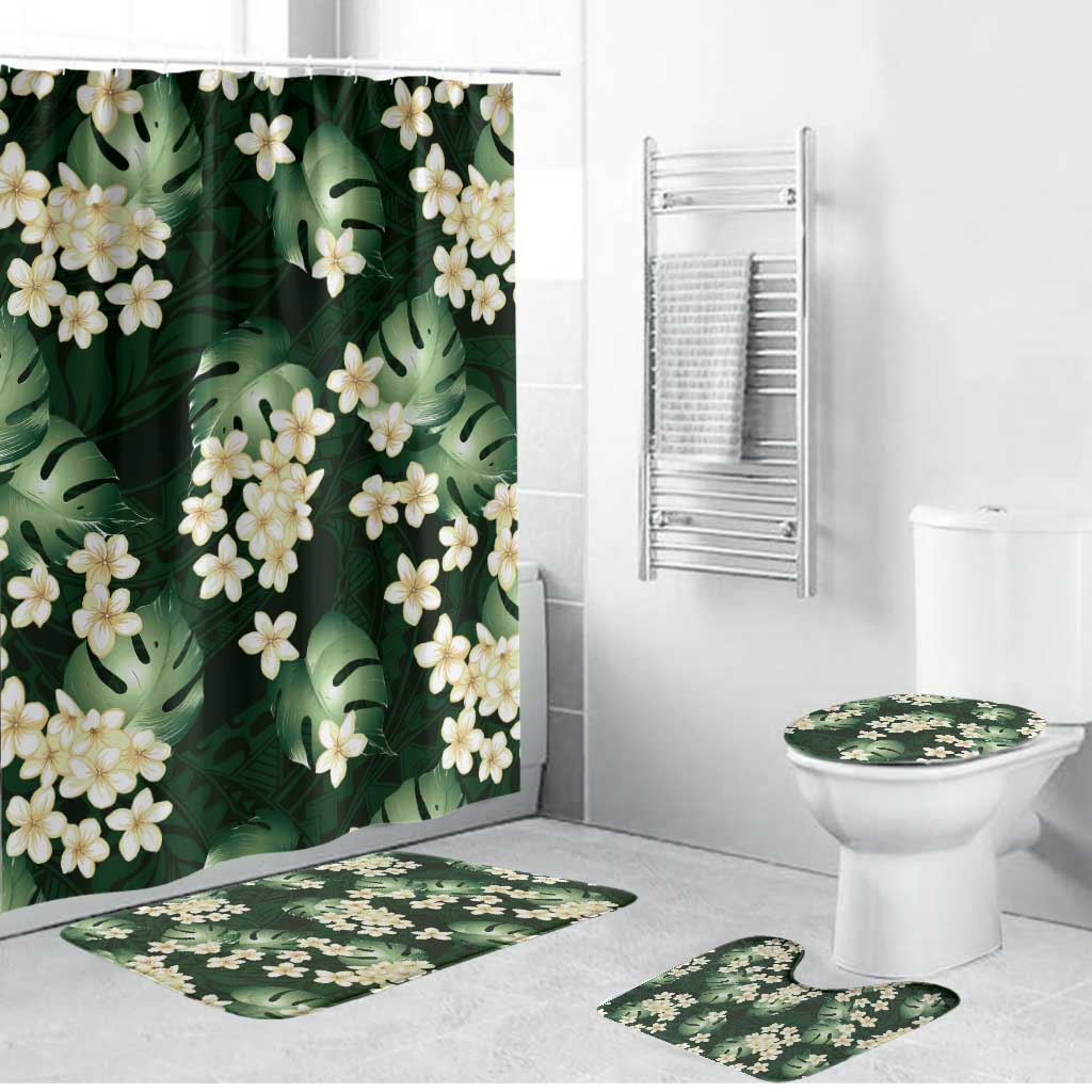 Green Tropical Hawaii Bathroom Set Seamless Monstera Plumeria Hawaiian Pattern - Polynesian Pride