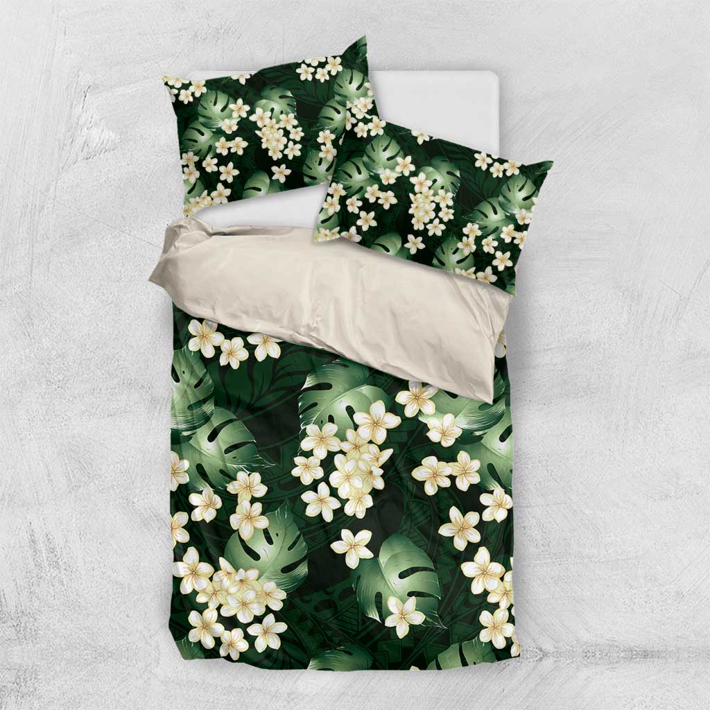 Green Tropical Hawaii Bedding Set Seamless Monstera Plumeria Hawaiian Pattern - Polynesian Pride