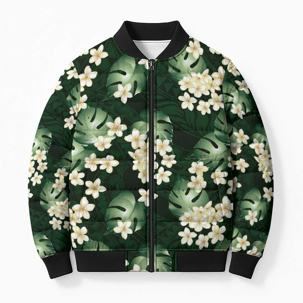 Green Tropical Hawaii Bomber Puffer Jacket Seamless Monstera Plumeria Hawaiian Pattern LT14 Unisex Green - Polynesian Pride