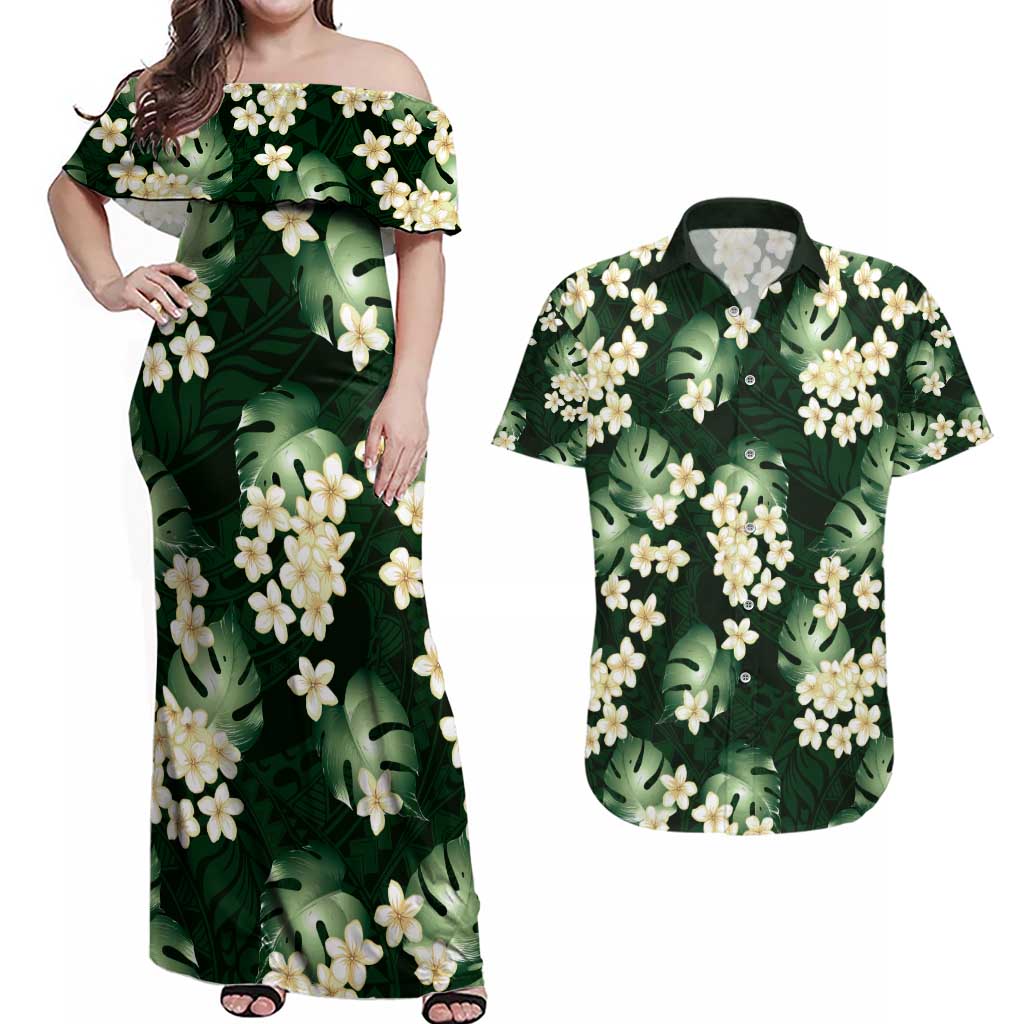 Green Tropical Hawaii Couples Matching Off Shoulder Maxi Dress and Hawaiian Shirt Seamless Monstera Plumeria Hawaiian Pattern - Polynesian Pride