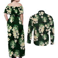 Green Tropical Hawaii Couples Matching Off Shoulder Maxi Dress and Long Sleeve Button Shirt Seamless Monstera Plumeria Hawaiian Pattern - Polynesian Pride