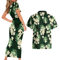 Green Tropical Hawaii Couples Matching Short Sleeve Bodycon Dress and Hawaiian Shirt Seamless Monstera Plumeria Hawaiian Pattern - Polynesian Pride
