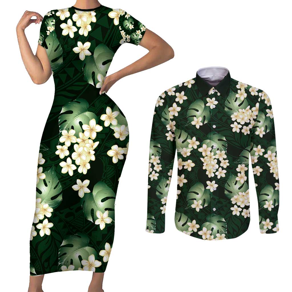Green Tropical Hawaii Couples Matching Short Sleeve Bodycon Dress and Long Sleeve Button Shirt Seamless Monstera Plumeria Hawaiian Pattern - Polynesian Pride