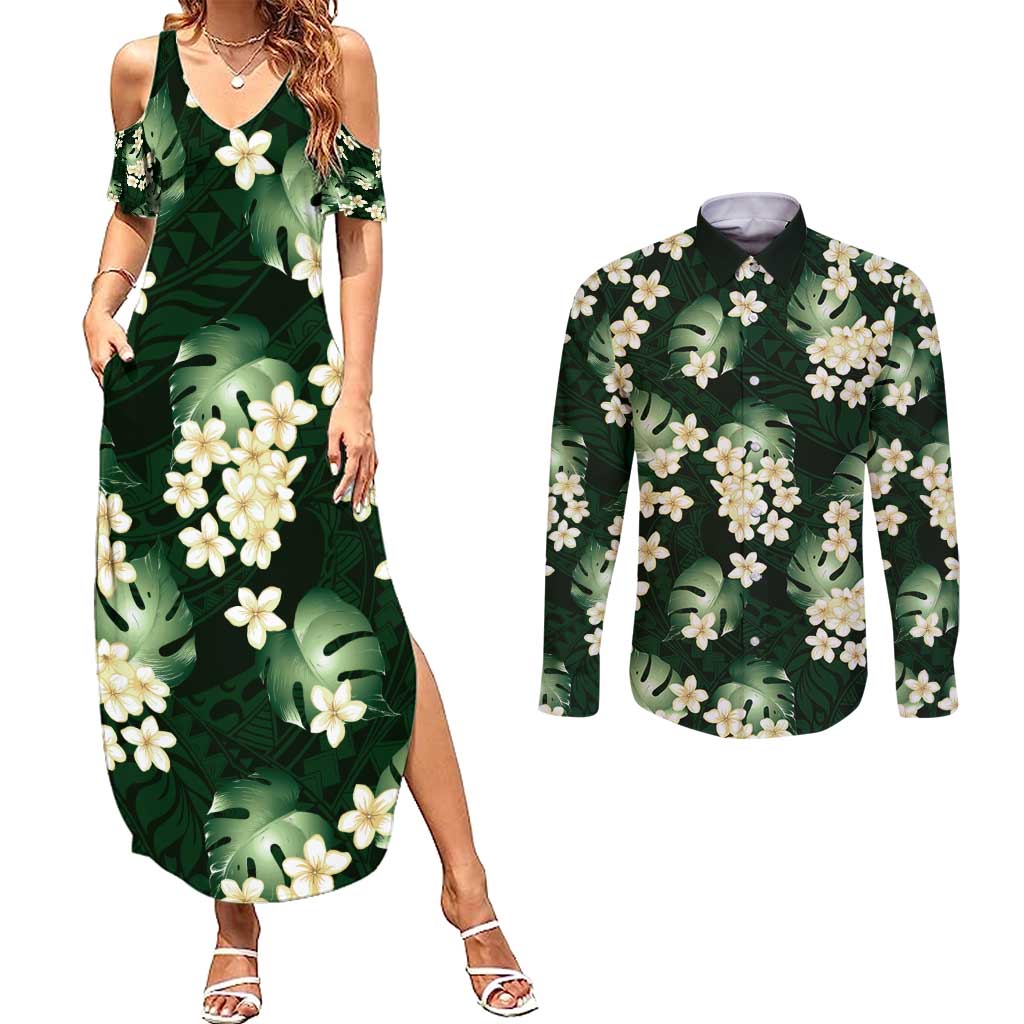 Green Tropical Hawaii Couples Matching Summer Maxi Dress and Long Sleeve Button Shirt Seamless Monstera Plumeria Hawaiian Pattern - Polynesian Pride