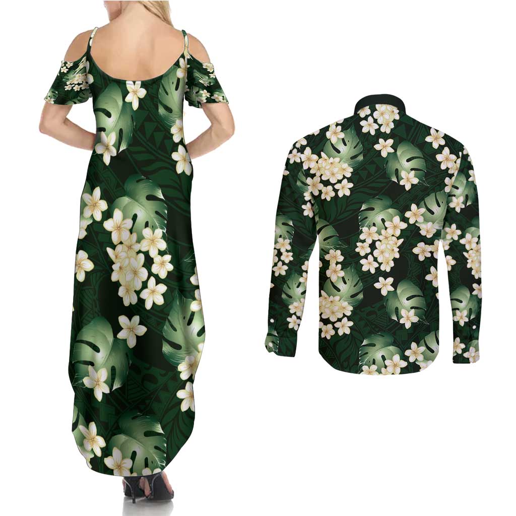 Green Tropical Hawaii Couples Matching Summer Maxi Dress and Long Sleeve Button Shirt Seamless Monstera Plumeria Hawaiian Pattern - Polynesian Pride