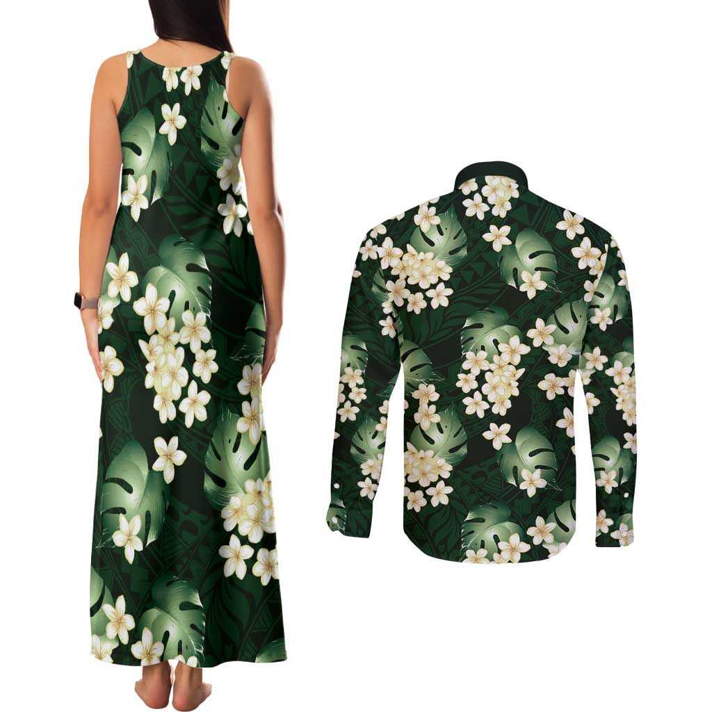 Green Tropical Hawaii Couples Matching Tank Maxi Dress and Long Sleeve Button Shirt Seamless Monstera Plumeria Hawaiian Pattern - Polynesian Pride