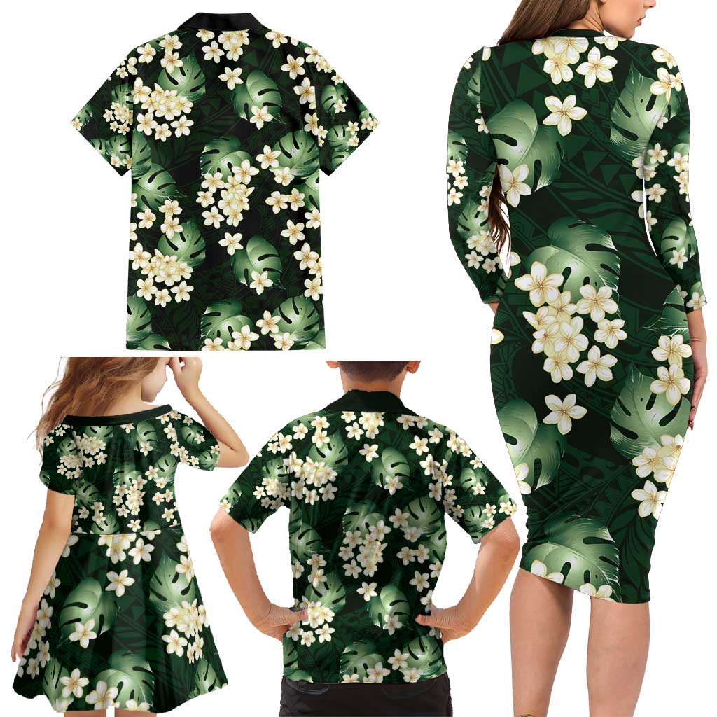Green Tropical Hawaii Family Matching Long Sleeve Bodycon Dress and Hawaiian Shirt Seamless Monstera Plumeria Hawaiian Pattern - Polynesian Pride