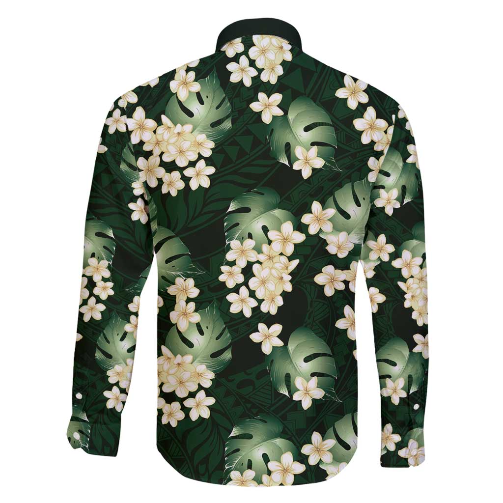 Green Tropical Hawaii Family Matching Long Sleeve Bodycon Dress and Hawaiian Shirt Seamless Monstera Plumeria Hawaiian Pattern - Polynesian Pride