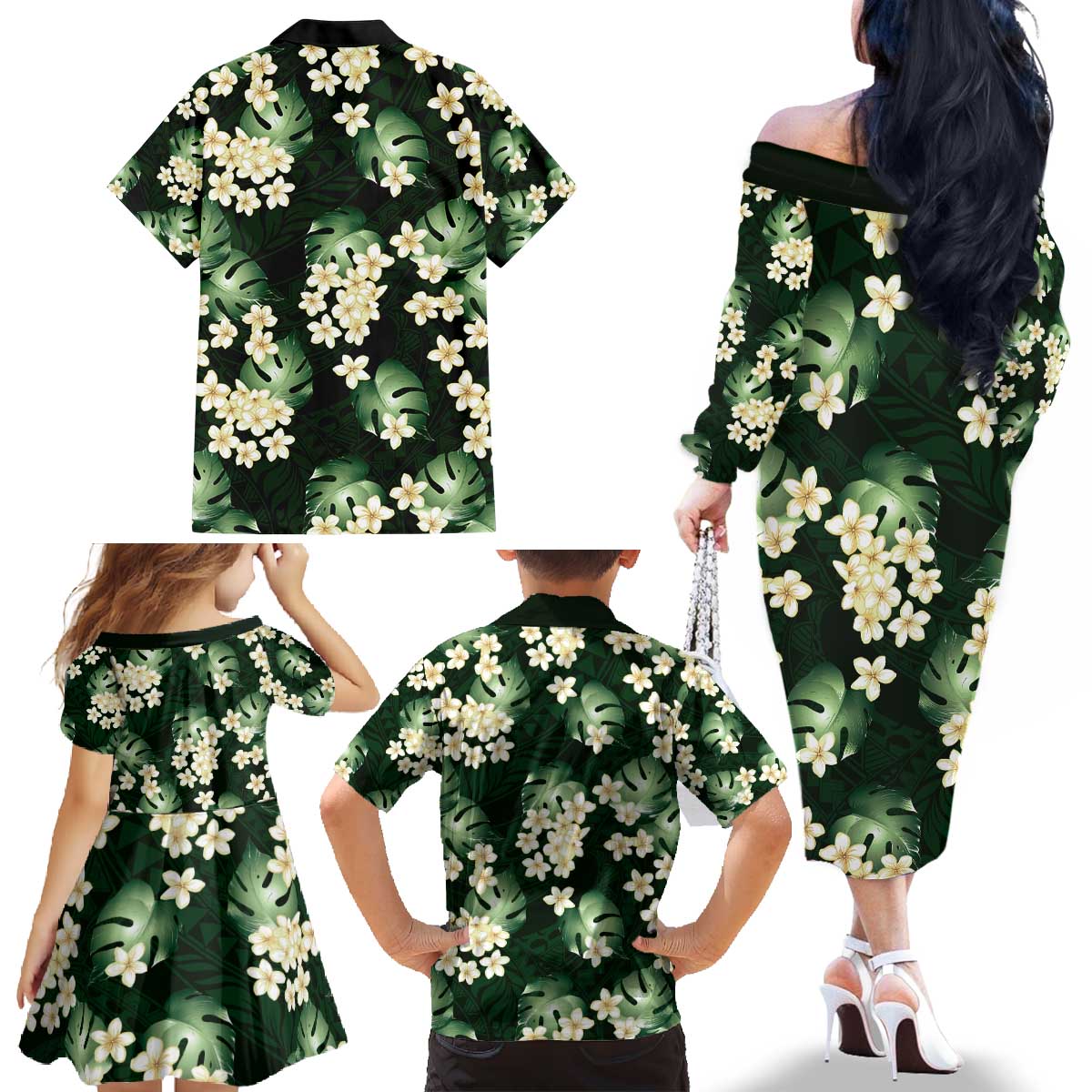 Green Tropical Hawaii Family Matching Off The Shoulder Long Sleeve Dress and Hawaiian Shirt Seamless Monstera Plumeria Hawaiian Pattern - Polynesian Pride