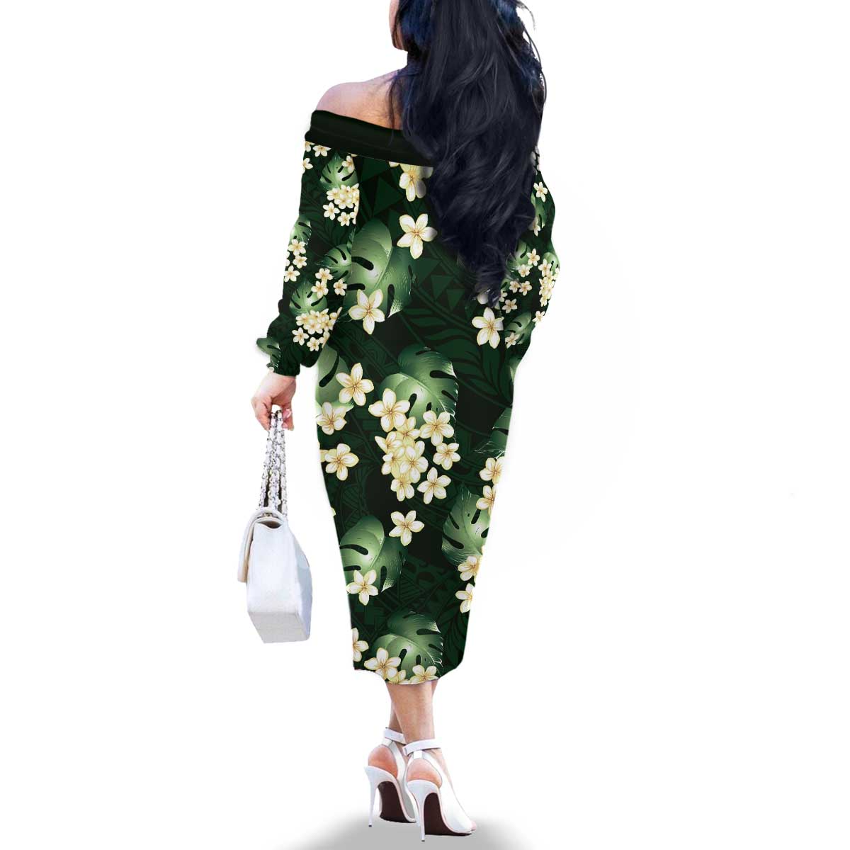 Green Tropical Hawaii Family Matching Off The Shoulder Long Sleeve Dress and Hawaiian Shirt Seamless Monstera Plumeria Hawaiian Pattern - Polynesian Pride